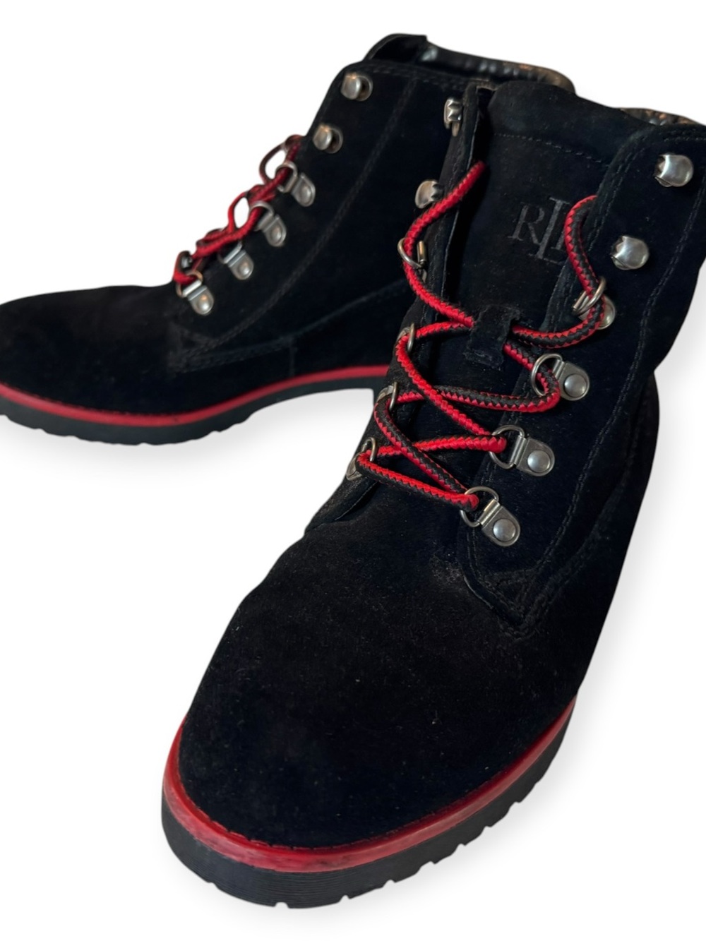 Ralph Lauren Black Suede Lace-Up Boots with Red Trim